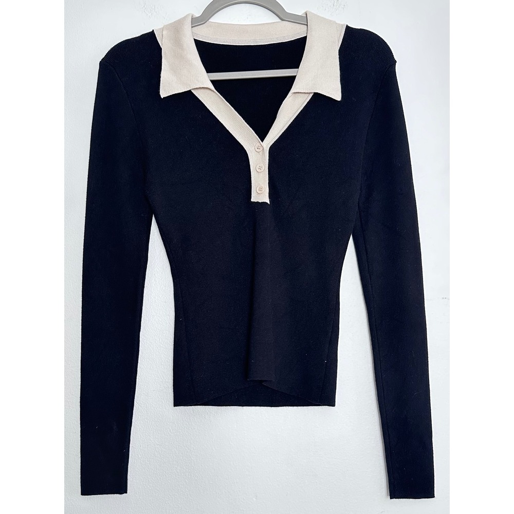 Commense Black Ribbed Knit Polo Top SM Long Sleeve Contrast Collar Office Siren